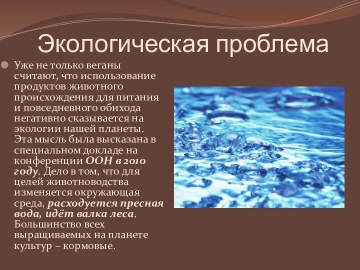 Экологическая проблема Уже не только веганы считают, что использование продуктов животного происхождения