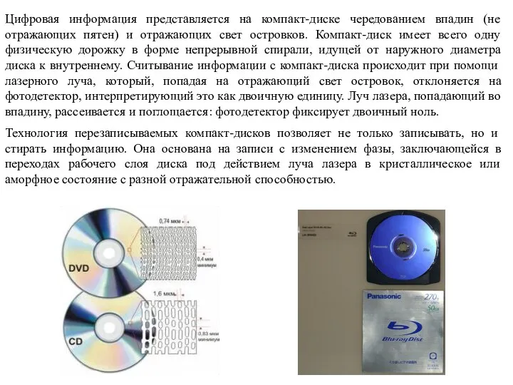 Цифровая информация представляется на компакт-диске чередованием впадин (не отражающих пятен) и отражающих