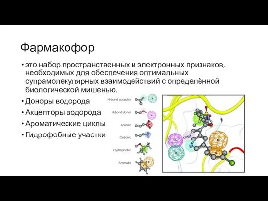 Фармакофор это набор пространственных и электронных признаков, необходимых для обеспечения оптимальных супрамолекулярных