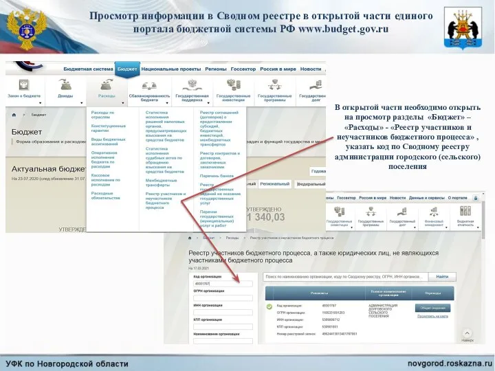 Просмотр информации в Сводном реестре в открытой части единого портала бюджетной системы