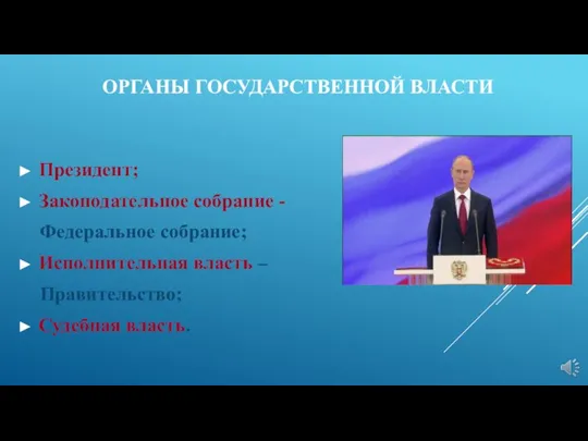 ОРГАНЫ ГОСУДАРСТВЕННОЙ ВЛАСТИ Президент; Законодательное собрание - Федеральное собрание; Исполнительная власть – Правительство; Судебная власть.