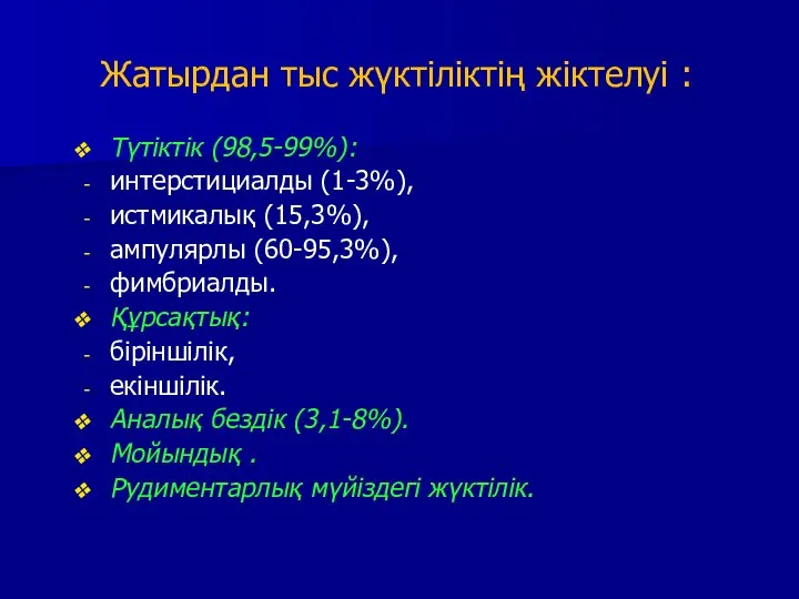 Жатырдан тыс жүктіліктің жіктелуі : Түтіктік (98,5-99%): интерстициалды (1-3%), истмикалық (15,3%), ампулярлы