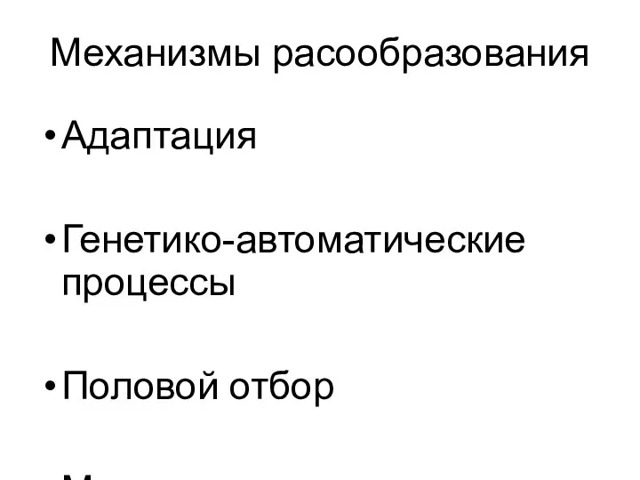 Механизмы расообразования Адаптация Генетико-автоматические процессы Половой отбор Метисация