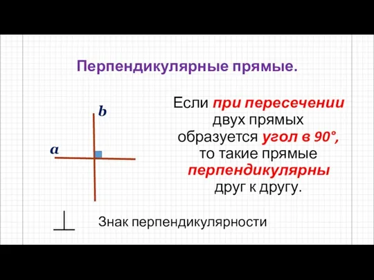 Перпендикулярные прямые. Если при пересечении двух прямых образуется угол в 90°, то