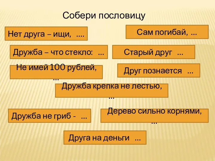 Собери пословицу Сам погибай, … Старый друг … Дерево сильно корнями, …