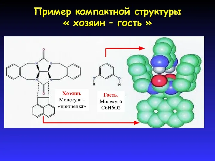Пример компактной структуры « хозяин – гость » Хозяин. Молекула - «прищепка» Гость. Молекула C6H6O2