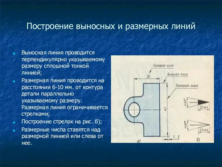 Построение выносных и размерных линий Выносная линия проводится перпендикулярно указываемому размеру сплошной