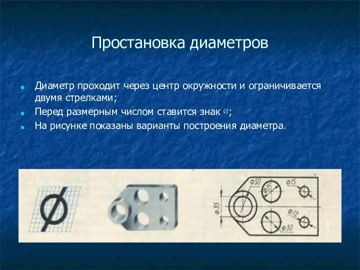 Простановка диаметров Диаметр проходит через центр окружности и ограничивается двумя стрелками; Перед