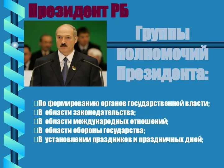 Президент РБ Группы полномочий Президента: По формированию органов государственной власти; В области