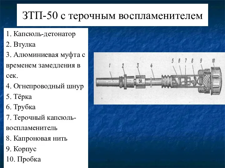 ЗТП-50 с терочным воспламенителем 1. Капсюль-детонатор 2. Втулка 3. Алюминиевая муфта с