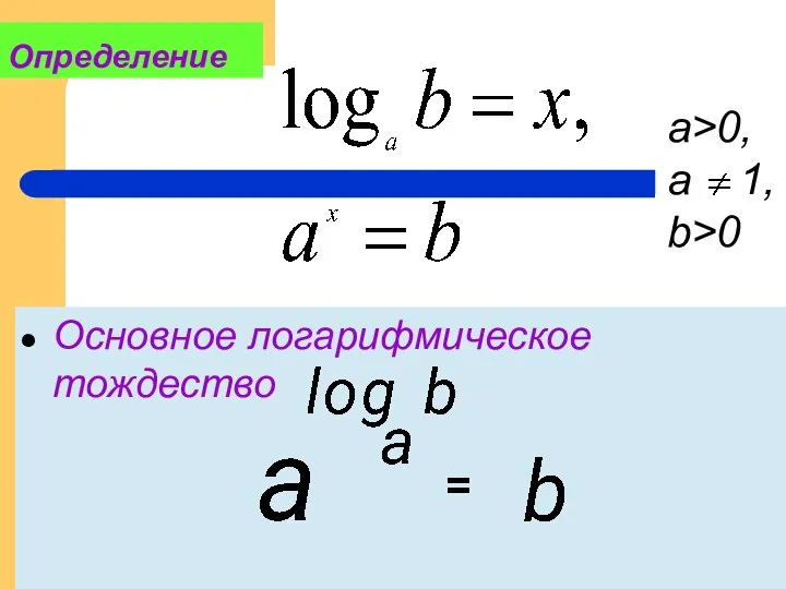 Определение Основное логарифмическое тождество = а>0, а 1, b>0