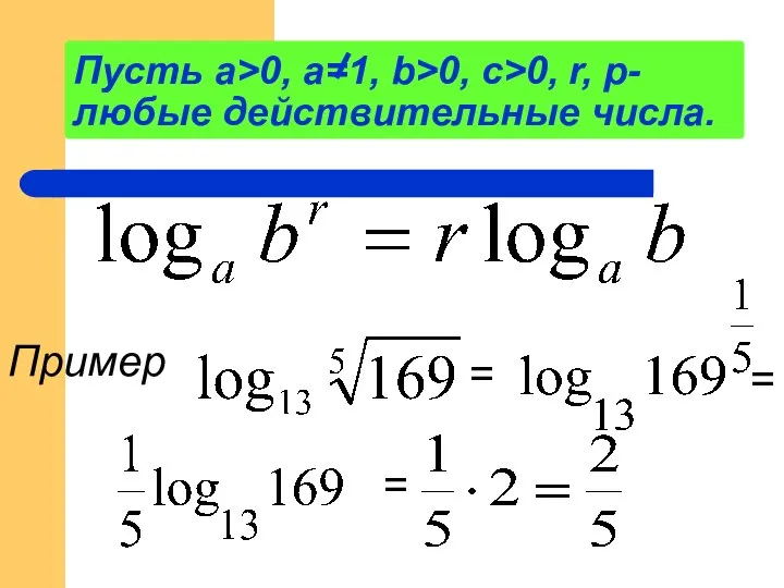 Пусть а>0, a=1, b>0, c>0, r, p- любые действительные числа. Пример = = =