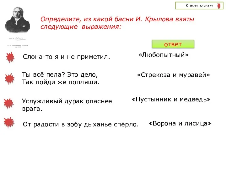 Определите, из какой басни И. Крылова взяты следующие выражения: Слона-то я и