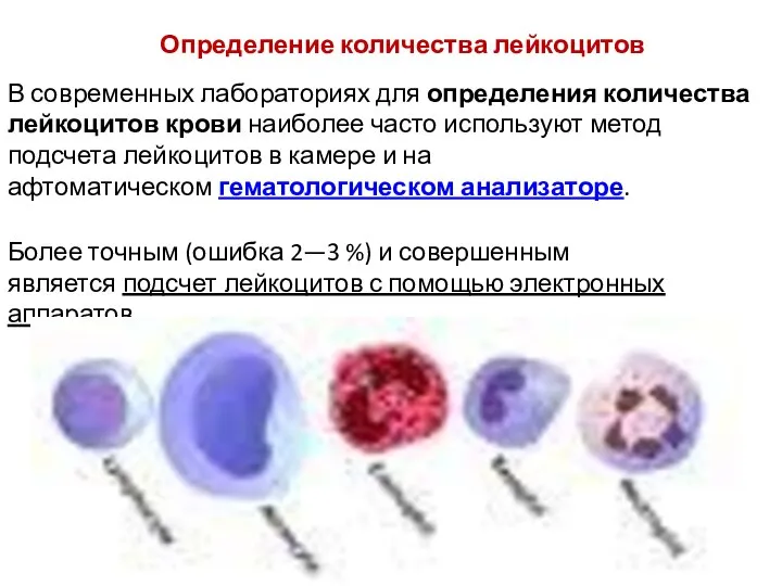 Определение количества лейкоцитов В современных лабораториях для определения количества лейкоцитов крови наиболее