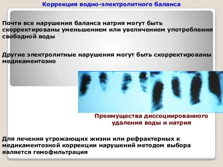 Коррекция водно-электролитного баланса Почти все нарушения баланса натрия могут быть скорректированы уменьшением