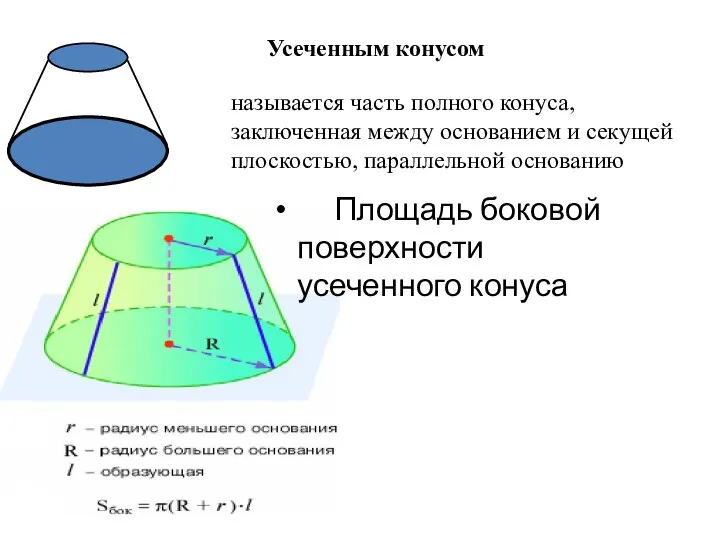 Усеченным конусом называется часть полного конуса, заключенная между основанием и секущей плоскостью,