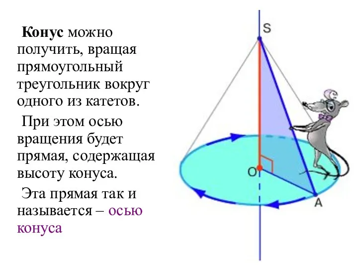 Конус можно получить, вращая прямоугольный треугольник вокруг одного из катетов. При этом