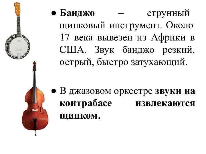 Банджо – струнный щипковый инструмент. Около 17 века вывезен из Африки в