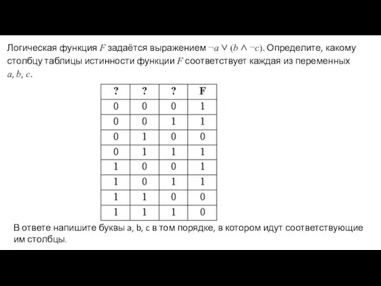 Логическая функция F задаётся выражением ¬a ∨ (b ∧ ¬c). Определите, какому