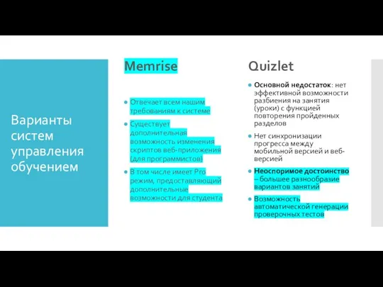 Варианты систем управления обучением Memrise Отвечает всем нашим требованиям к системе Существует