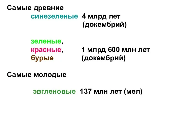 Самые древние синезеленые 4 млрд лет (докембрий) зеленые, красные, 1 млрд 600