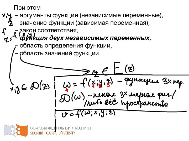 При этом – аргументы функции (независимые переменные), – значение функции (зависимая переменная),