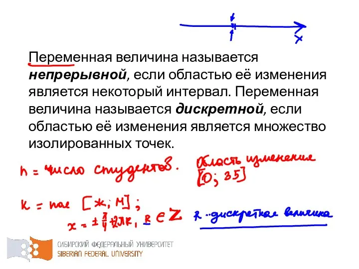 Переменная величина называется непрерывной, если областью её изменения является некоторый интервал. Переменная