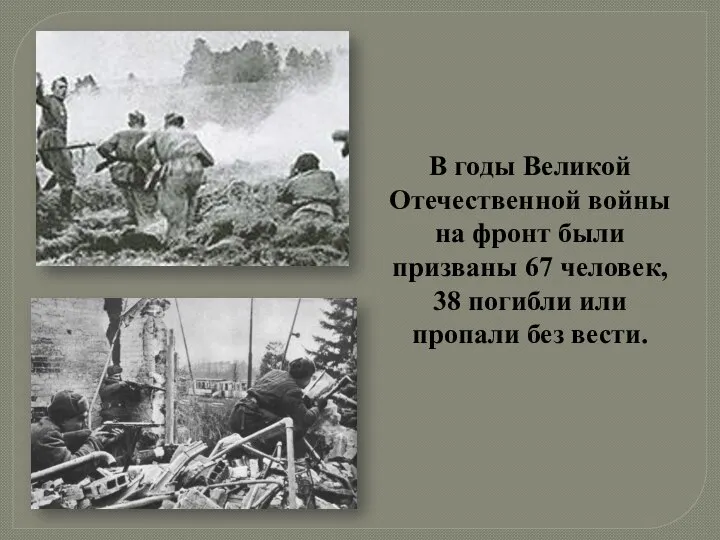 В годы Великой Отечественной войны на фронт были призваны 67 человек, 38