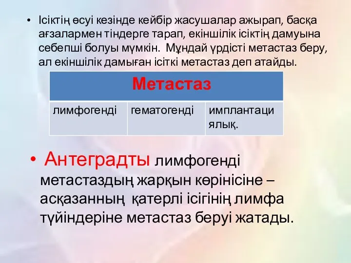 Ісіктің өсуі кезінде кейбір жасушалар ажырап, басқа ағзалармен тіндерге тарап, екіншілік ісіктің