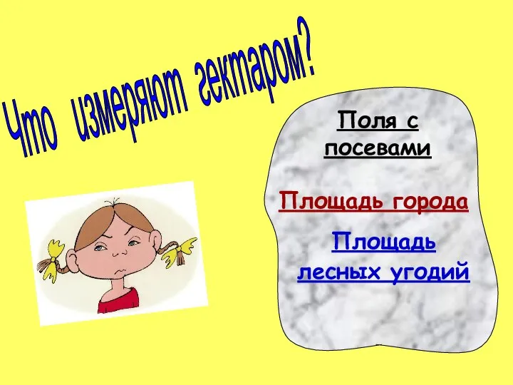 Поля с посевами Площадь лесных угодий Площадь города Что измеряют гектаром?