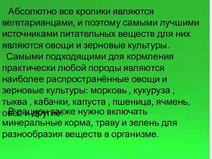 Абсолютно все кролики являются вегетарианцами, и поэтому самыми лучшими источниками питательных веществ