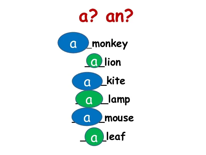 ___monkey ___lion ____kite _____lamp _____mouse ____leaf a? an? a a a a a a