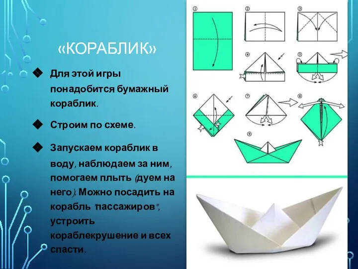 «КОРАБЛИК» Для этой игры понадобится бумажный кораблик. Строим по схеме. Запускаем кораблик