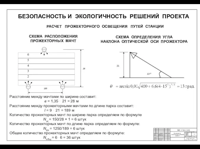 БЕЗОПАСНОСТЬ И ЭКОЛОГИЧНОСТЬ РЕШЕНИЙ ПРОЕКТА РАСЧЕТ ПРОЖЕКТОРНОГО ОСВЕЩЕНИЯ ПУТЕЙ СТАНЦИИ СХЕМА РАСПОЛОЖЕНИЯ