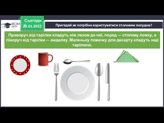 23.01.2022 Сьогодні Пригадай як потрібно користуватися столовим посудом? Праворуч від тарілки кладуть