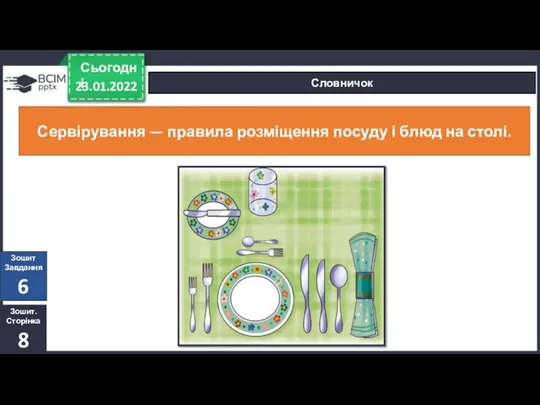 23.01.2022 Сьогодні Словничок Сервірування — правила розміщення посуду і блюд на столі.