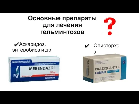 Основные препараты для лечения гельминтозов Аскаридоз, энтеробиоз и др. Описторхоз