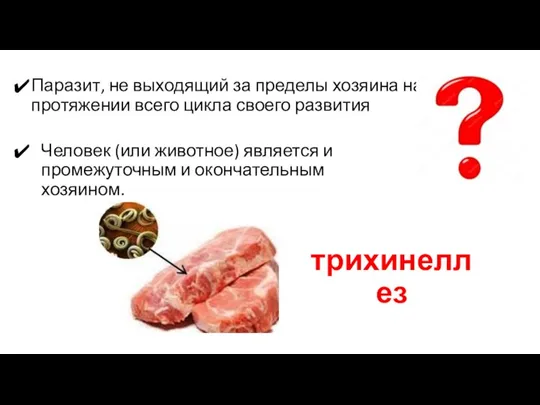 трихинеллез Паразит, не выходящий за пределы хозяина на протяжении всего цикла своего