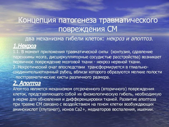 Концепция патогенеза травматического повреждения СМ два механизма гибели клеток: некроз и апоптоз.