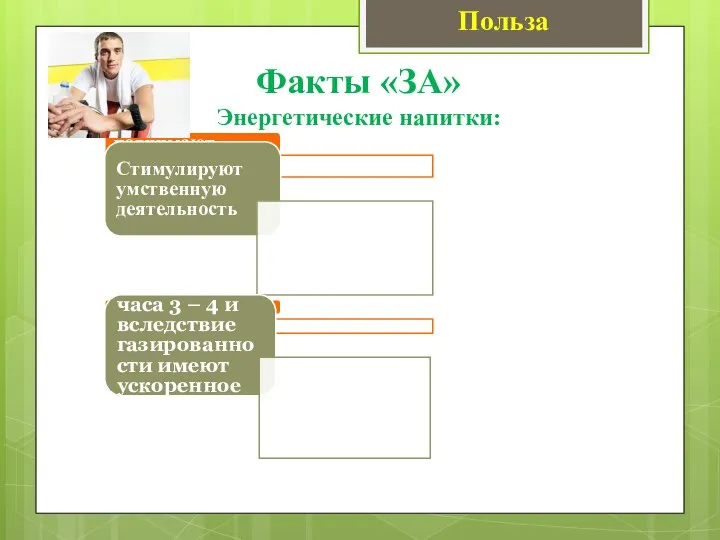 Факты «ЗА» Энергетические напитки: Польза Отлично поднимают настроение Стимулируют умственную деятельность Содержат