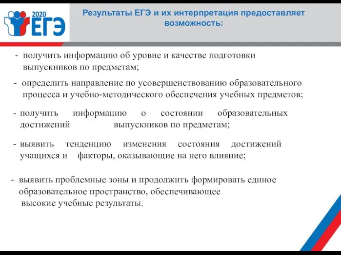 Результаты ЕГЭ и их интерпретация предоставляет возможность: определить направление по усовершенствованию образовательного