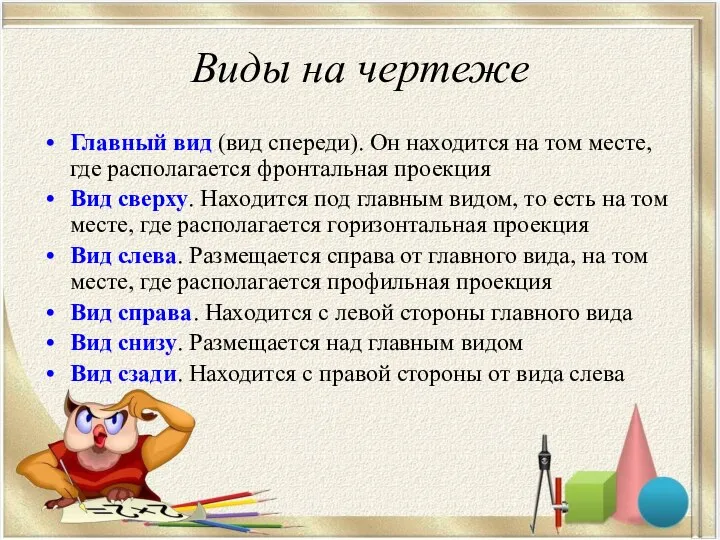 Виды на чертеже Главный вид (вид спереди). Он находится на том месте,