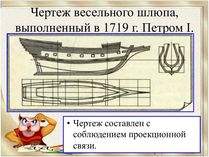 Чертеж весельного шлюпа, выполненный в 1719 г. Петром I. Чертеж составлен с соблюдением проекционной связи.