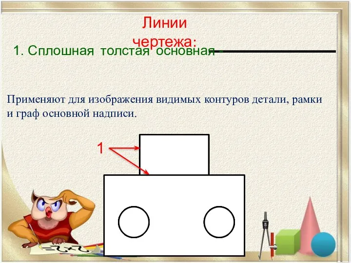 Линии чертежа: 1. Сплошная толстая основная - Применяют для изображения видимых контуров