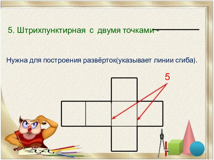 Нужна для построения развёрток(указывает линии сгиба). 5. Штрихпунктирная с двумя точками - 5