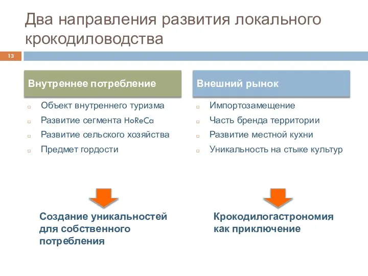 Два направления развития локального крокодиловодства Объект внутреннего туризма Развитие сегмента HoReCa Развитие