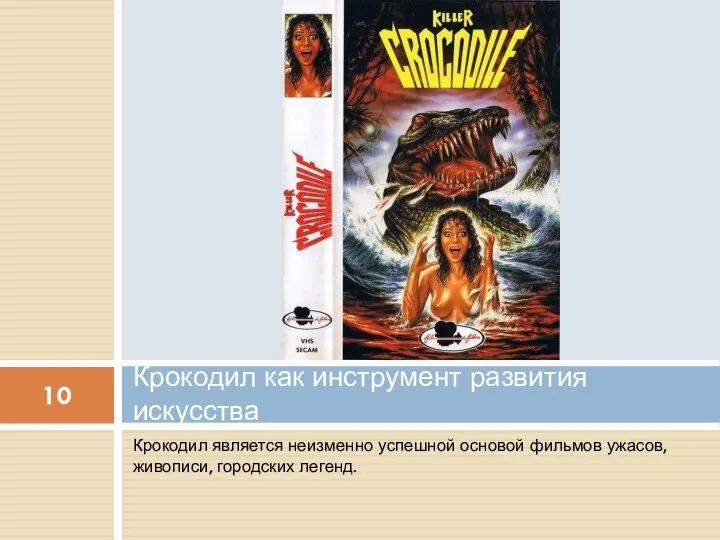 Крокодил является неизменно успешной основой фильмов ужасов, живописи, городских легенд. Крокодил как инструмент развития искусства