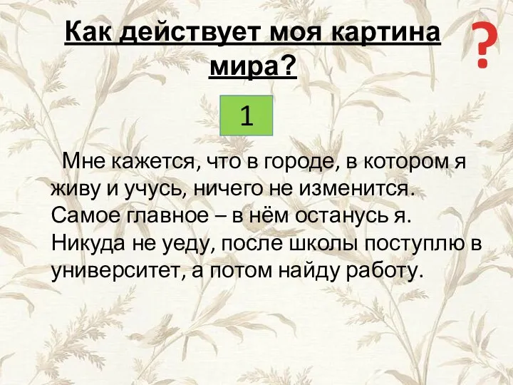 Как действует моя картина мира? Мне кажется, что в городе, в котором