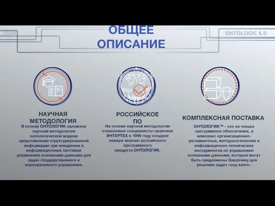 ОБЩЕЕ ОПИСАНИЕ В основу ОНТОЛОГИК заложена научная методология онтологической модели представления структурированной