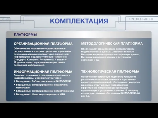 КОМПЛЕКТАЦИЯ ПЛАТФОРМЫ Обеспечивает нормативно-организационное регулирование и контроль процессов управления основными данными и